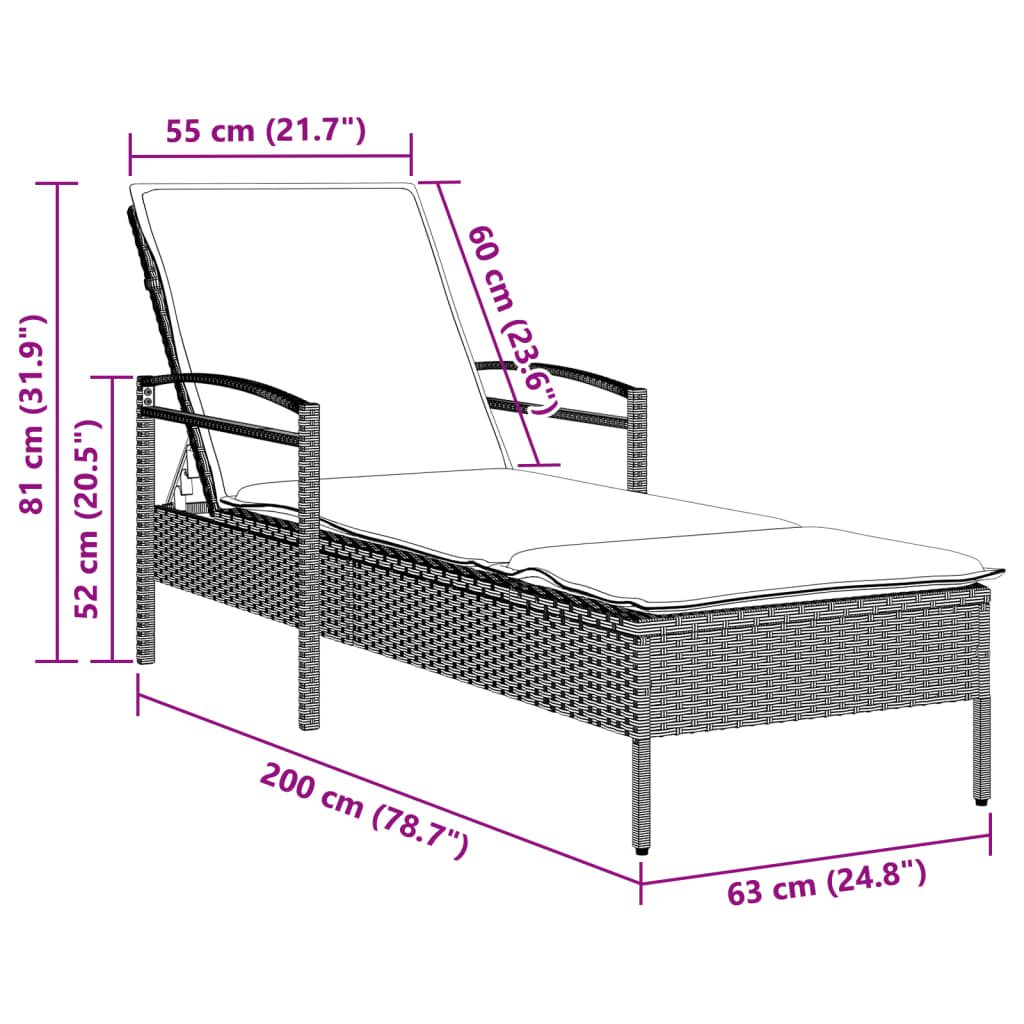 világosszürke polyrattan napozóágy párnával 63x200x81 cm