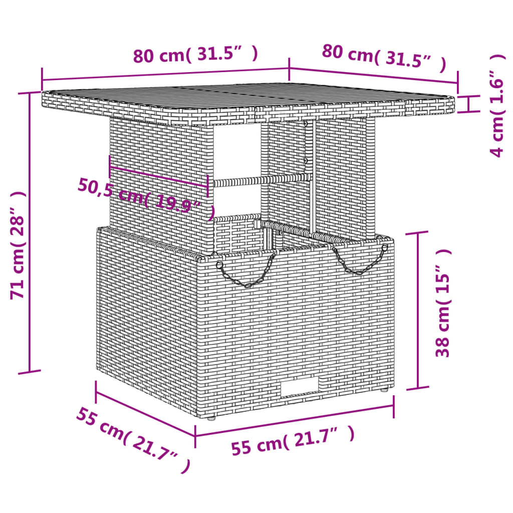 bézs polyrattan és akácfa kerti asztal 80 x 80 x 71 cm