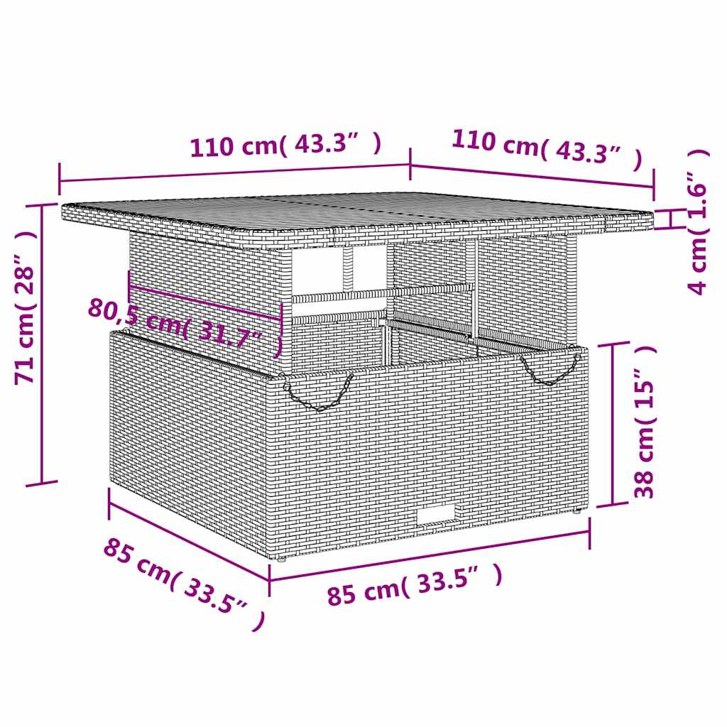 szürke polyrattan és akácfa kerti asztal 110 x 110 x 71 cm