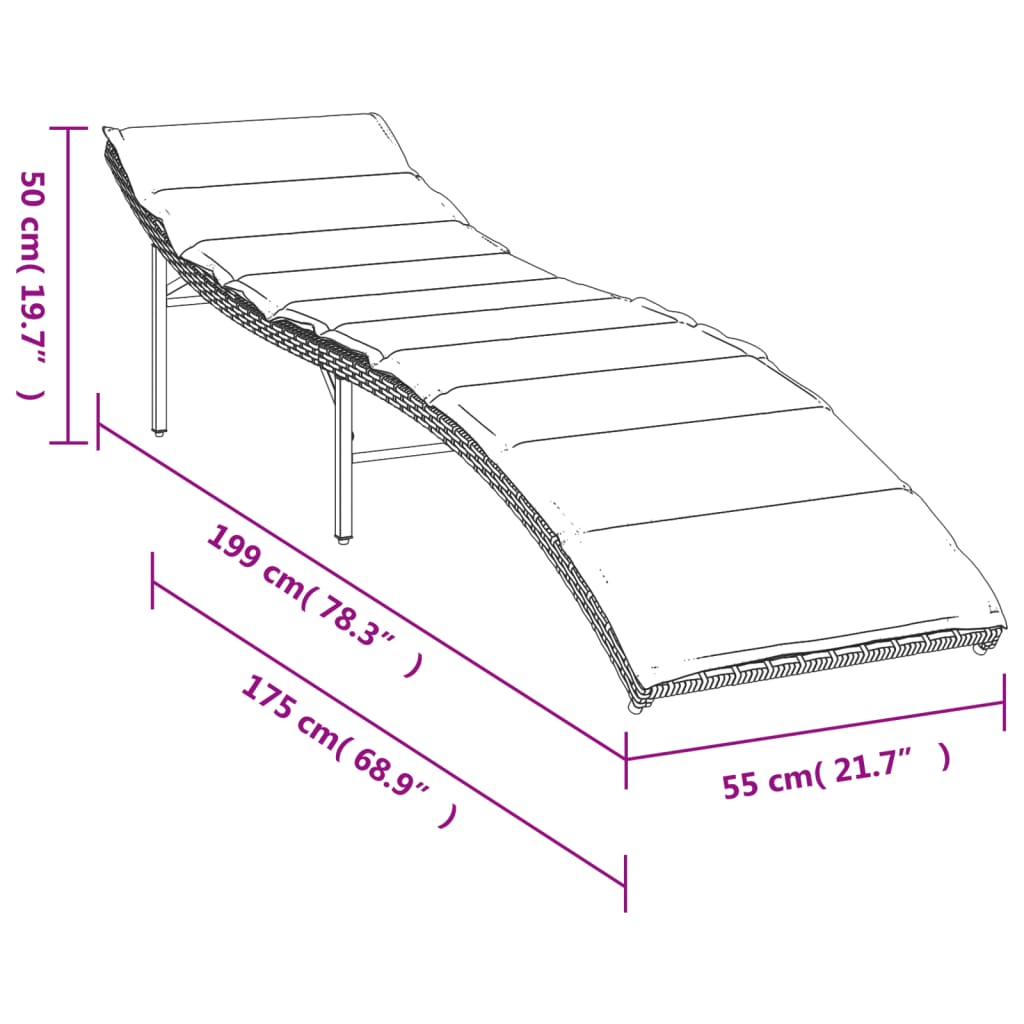 szürke polyrattan napozóágy párnával 55x199x50 cm