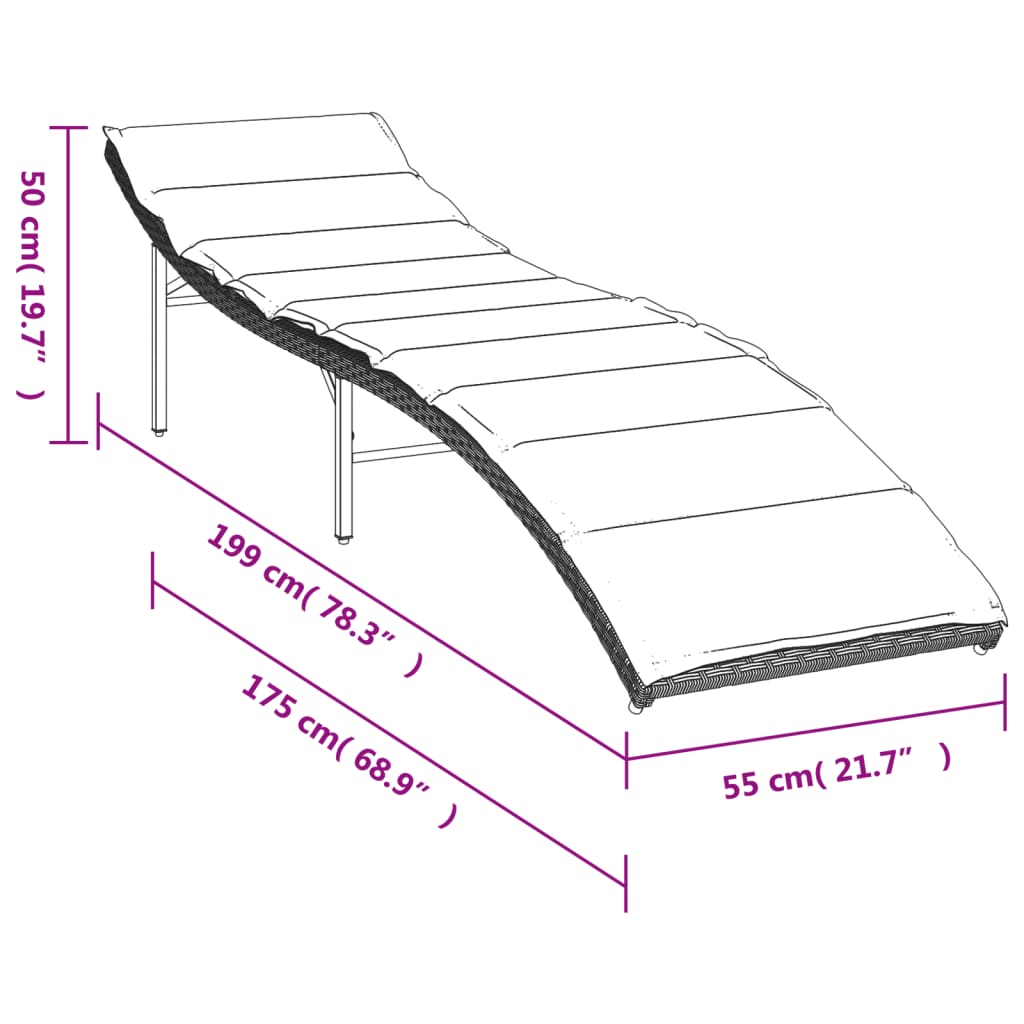 világosszürke polyrattan napozóágy párnával 55x199x50 cm