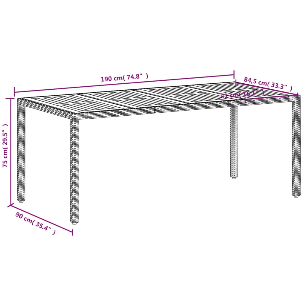 bézs polyrattan és akácfa kerti asztal 190 x 90 x 75 cm
