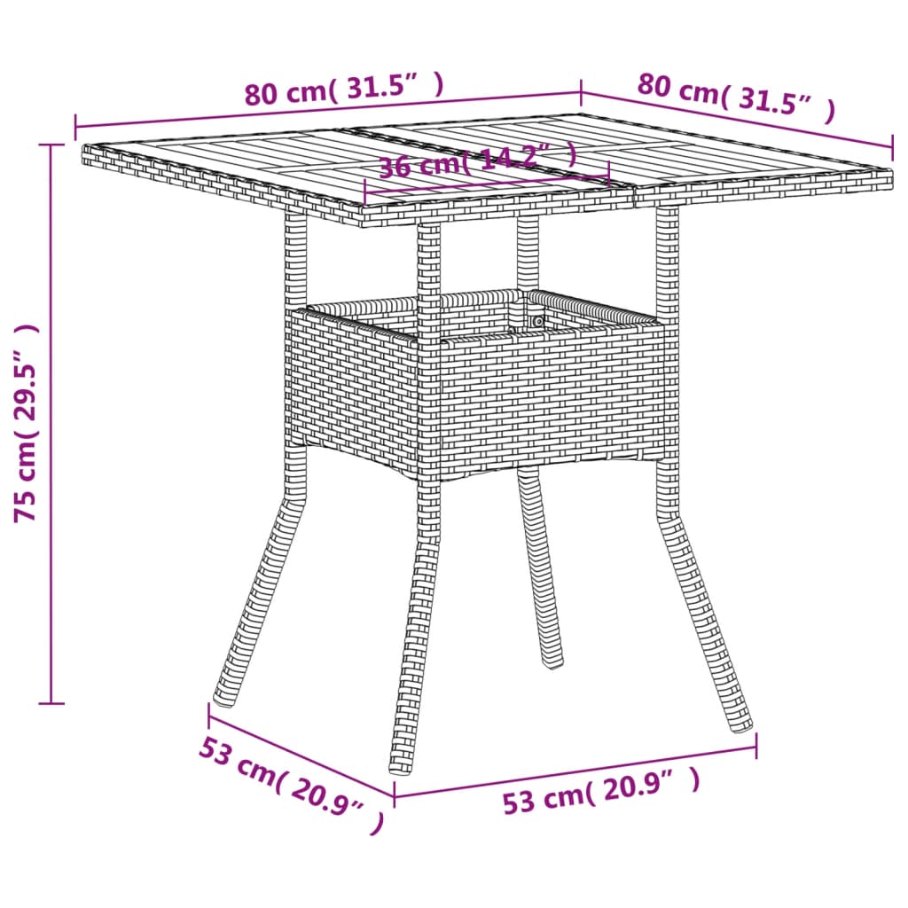 bézs polyrattan és akácfa kerti asztal 80 x 80 x 75 cm