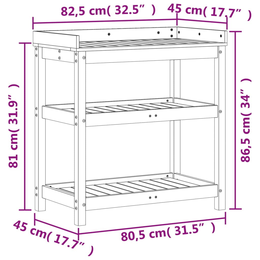 tömör fenyőfa ültetőasztal polcokkal 82,5 x 45 x 86,5 cm