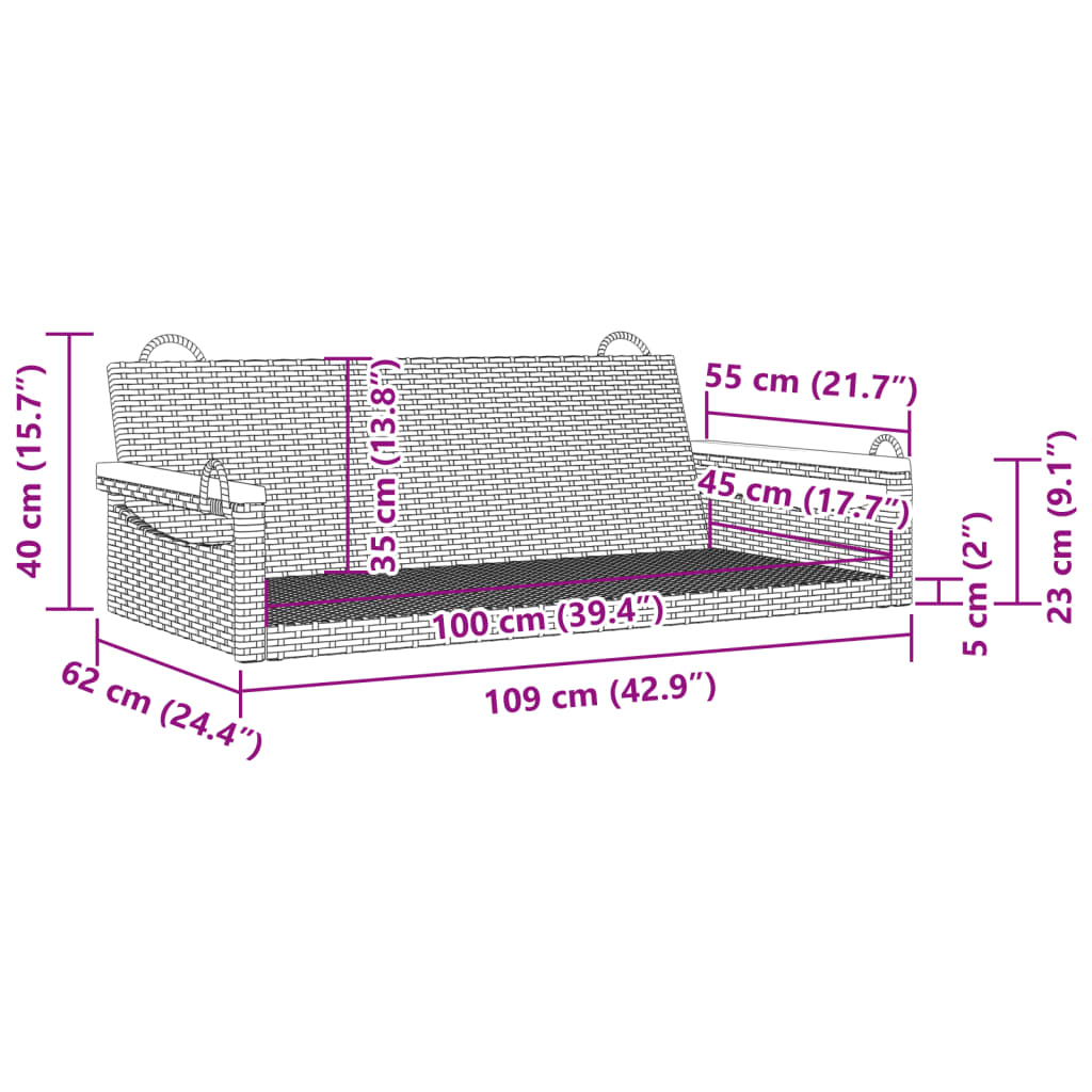 bézs polyrattan hintapad 109 x 62 x 40 cm