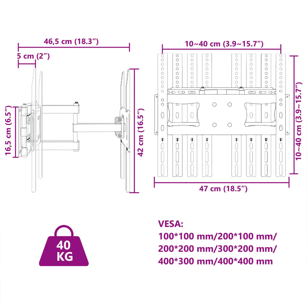 fali TV-állvány 26"-70" képernyőhöz max VESA 400 x 400 mm 40 kg