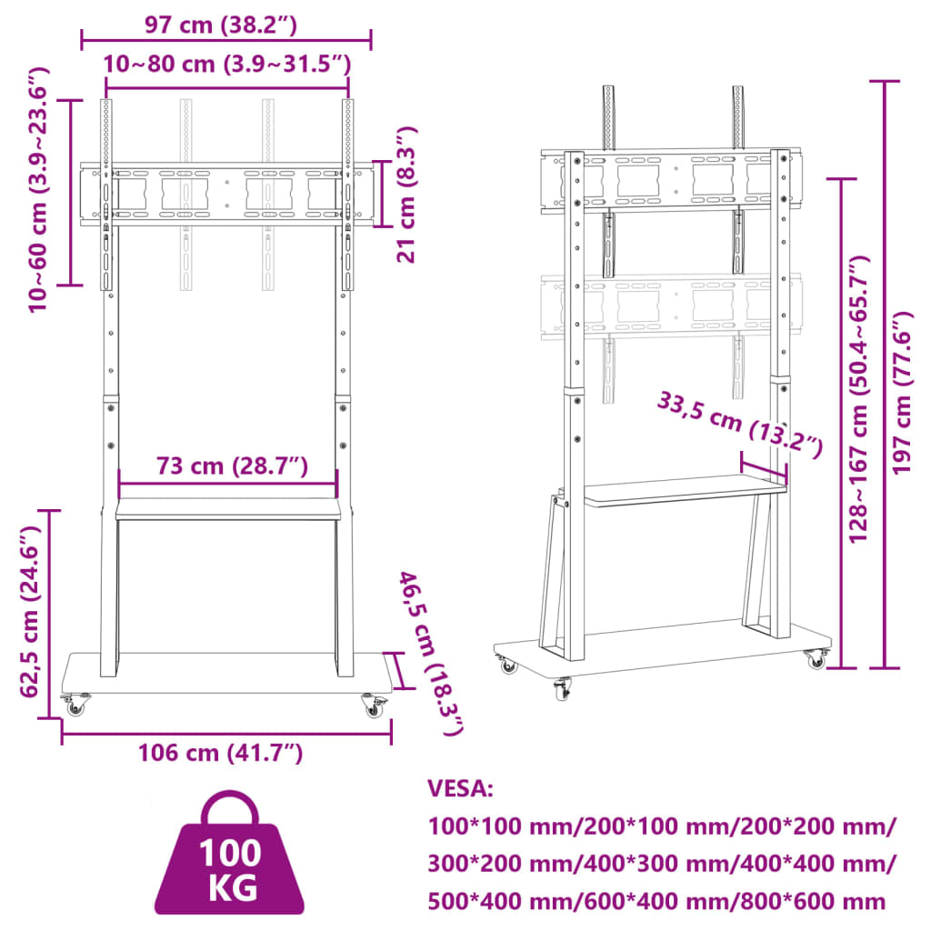 görgős TV-állvány 32"-90" képernyőhöz max VESA 800x600 mm 100kg