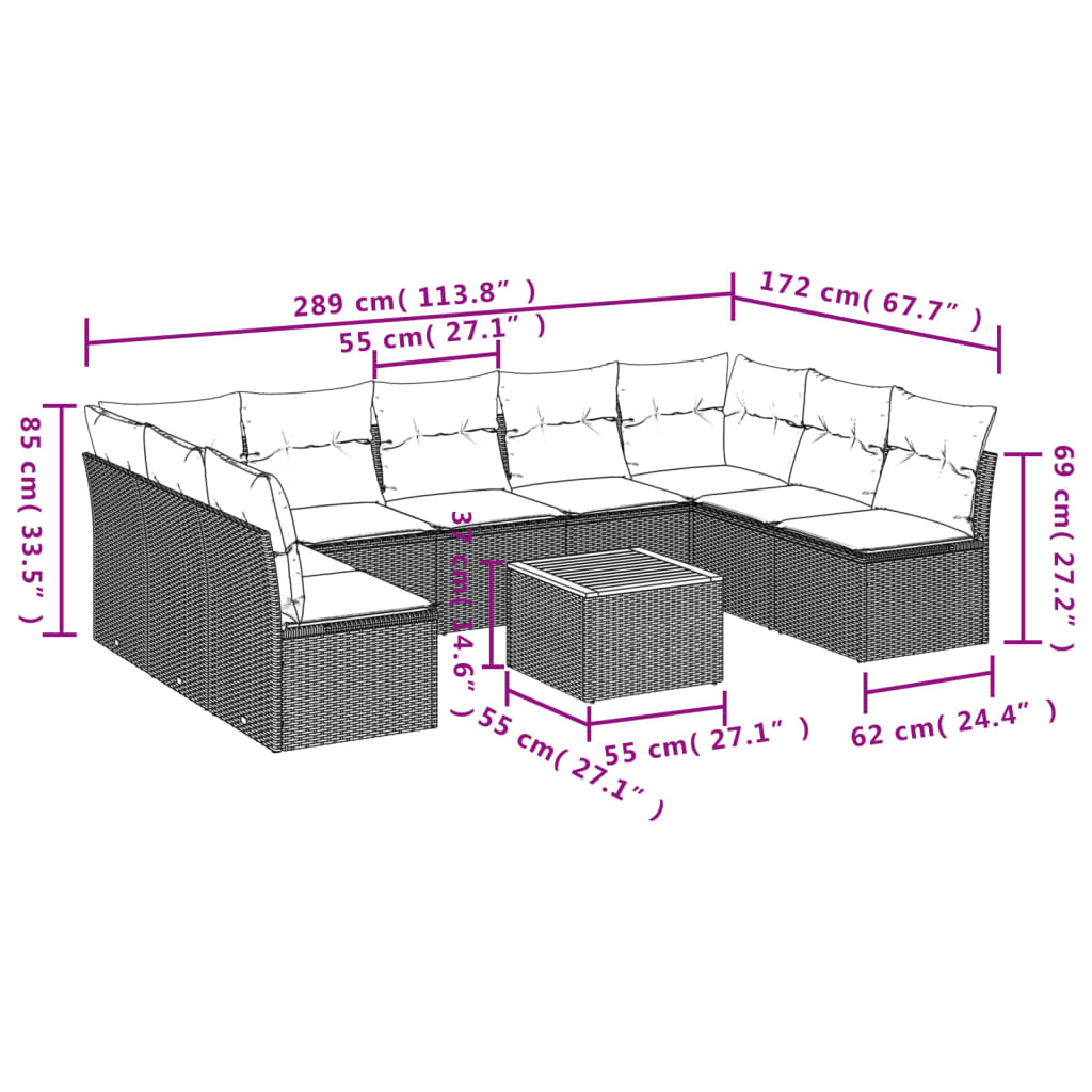 10 részes szürke polyrattan kerti ülőgarnitúra párnákkal
