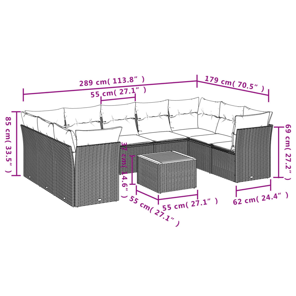 10 részes szürke polyrattan kerti ülőgarnitúra párnákkal