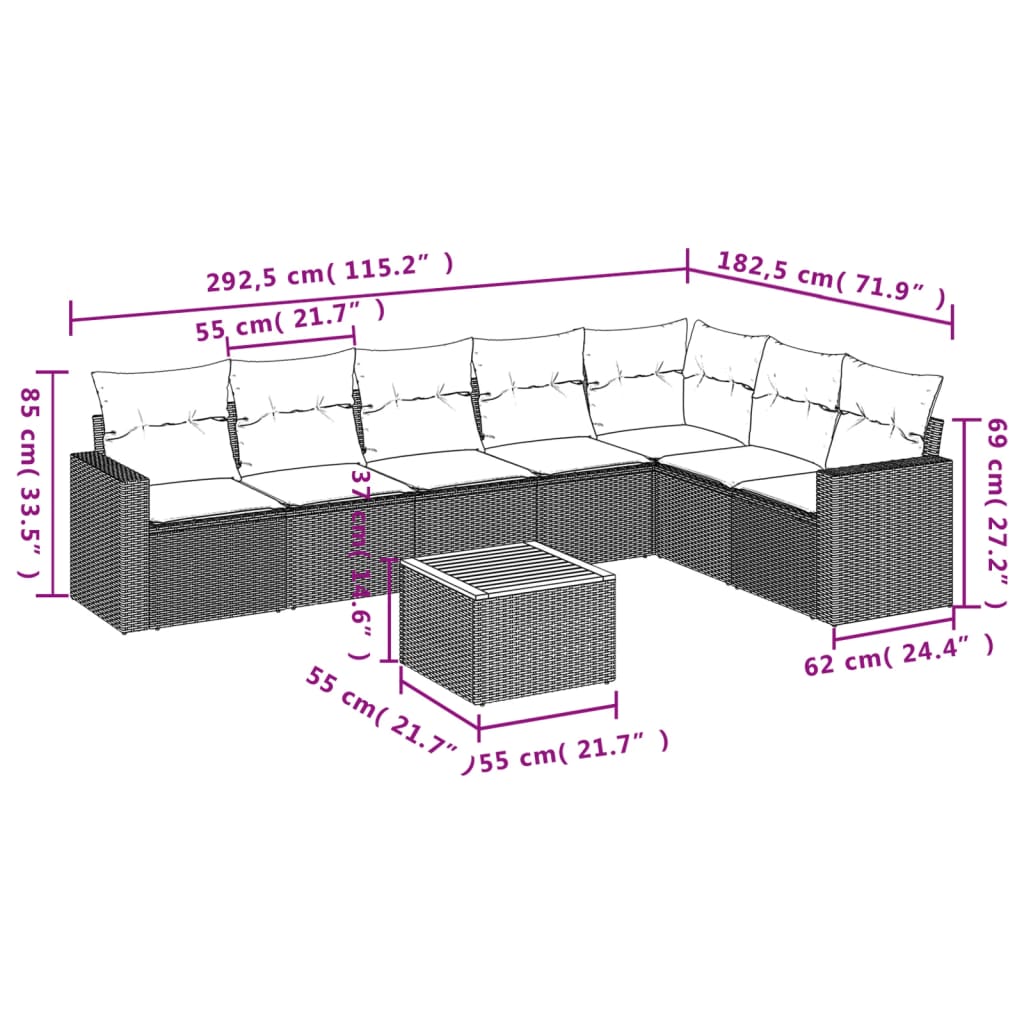 8 részes fekete polyrattan kerti ülőgarnitúra párnákkal