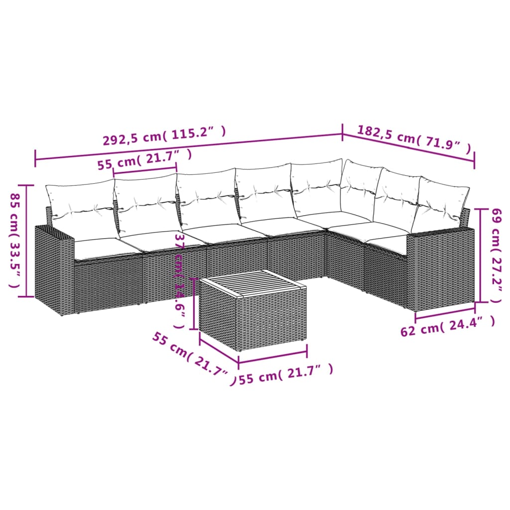 8 részes fekete polyrattan kerti ülőgarnitúra párnákkal