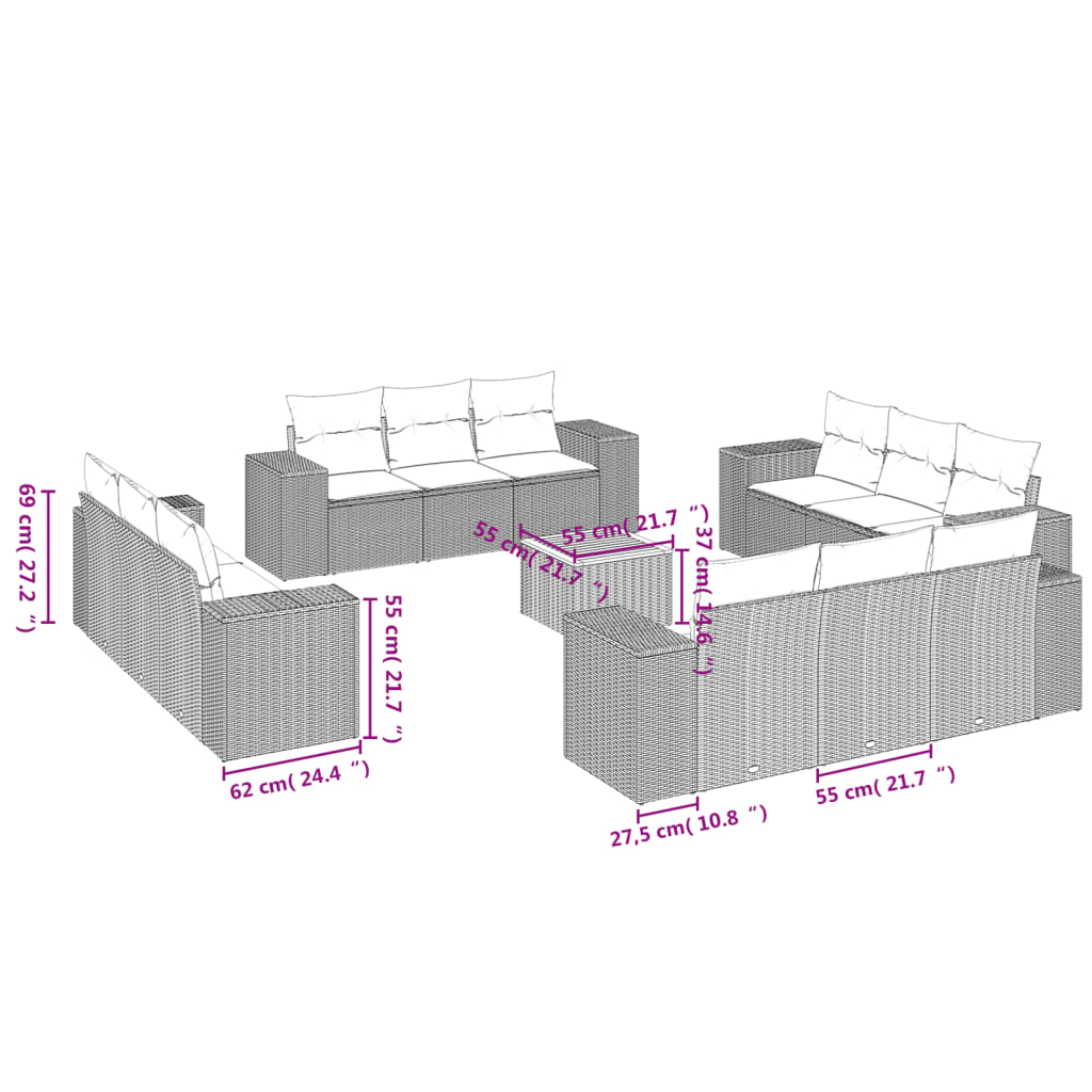 13 részes szürke polyrattan kerti ülőgarnitúra párnákkal