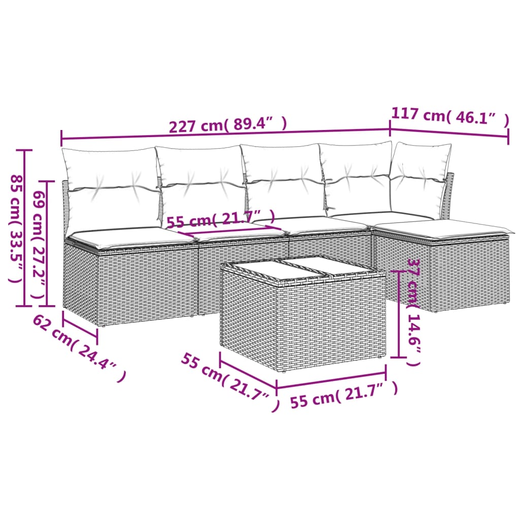 6 részes világosszürke polyrattan kerti ülőgarnitúra párnákkal