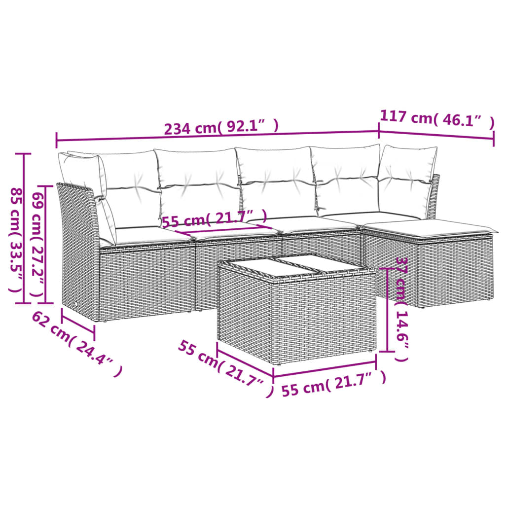 6 részes világosszürke polyrattan kerti ülőgarnitúra párnákkal