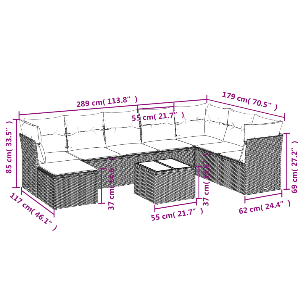 9 részes szürke polyrattan kerti ülőgarnitúra párnákkal