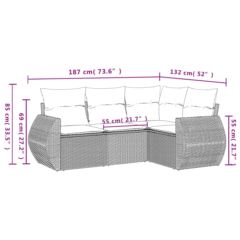 4 részes fekete polyrattan kerti ülőgarnitúra párnákkal