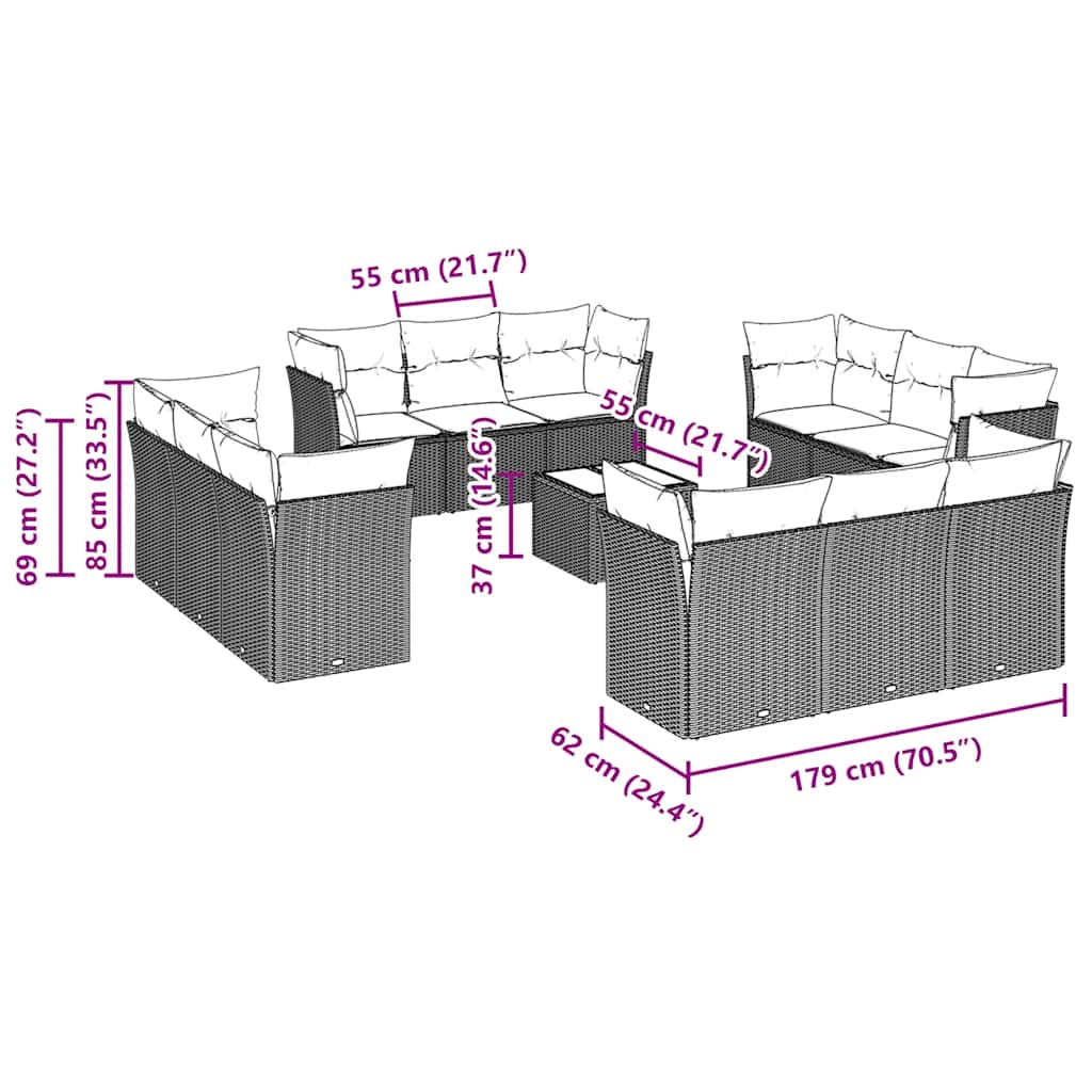13 részes világosszürke polyrattan kerti ülőgarnitúra párnákkal