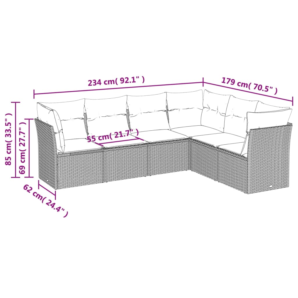 6 részes fekete polyrattan kerti ülőgarnitúra párnákkal