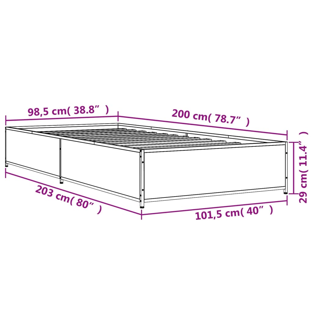 füstös tölgyszínű szerelt fa és fém ágykeret 100 x 200 cm