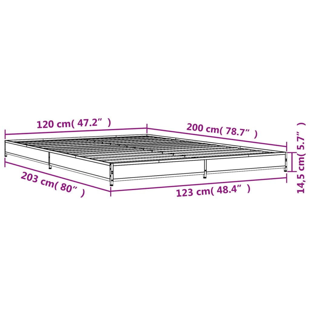 füstös tölgyszínű szerelt fa és fém ágykeret 120 x 200 cm