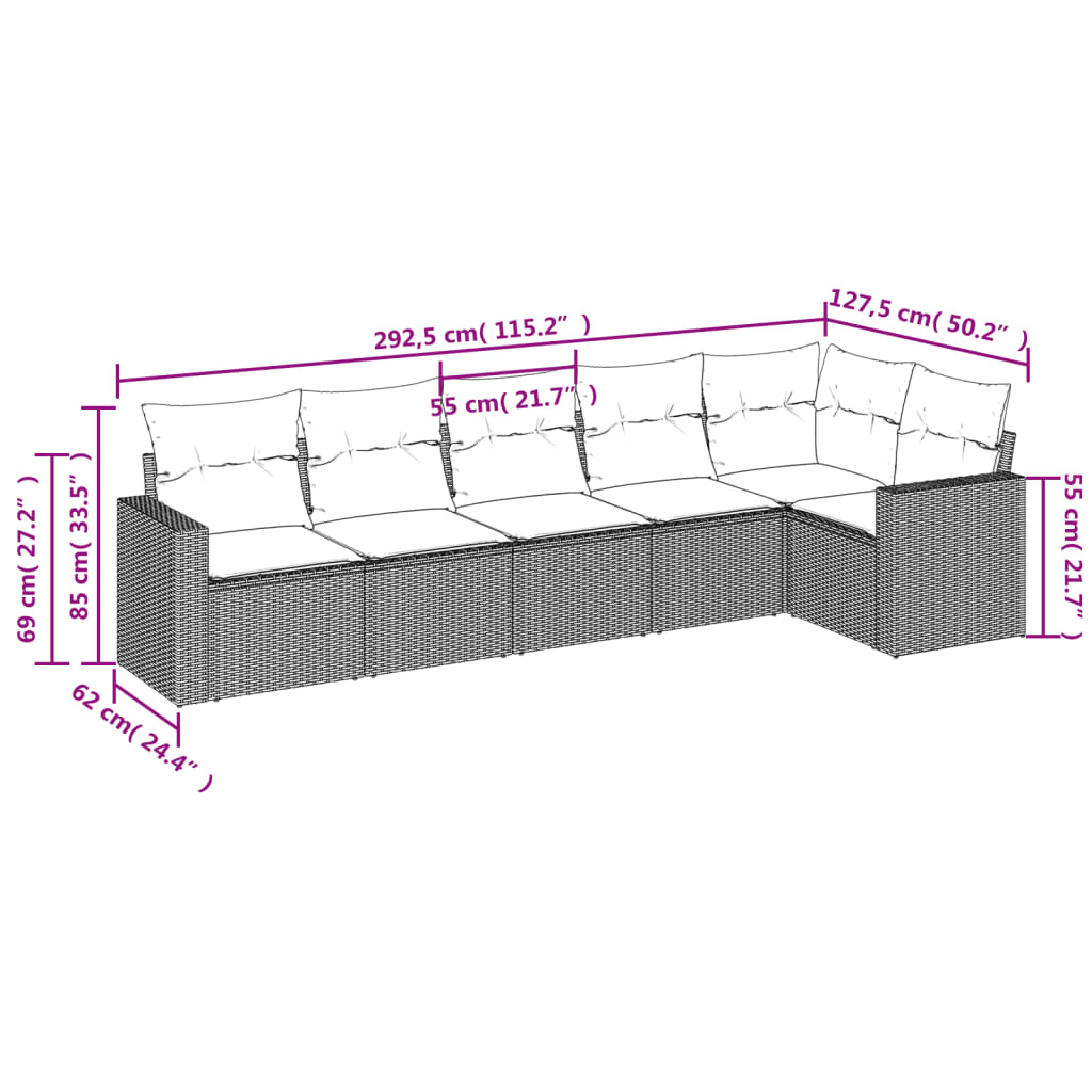 6 részes fekete polyrattan kerti ülőgarnitúra párnákkal