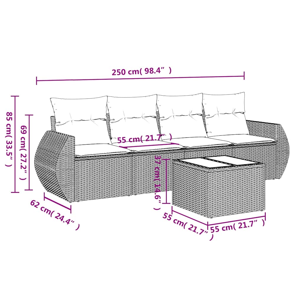 5 részes világosszürke polyrattan kerti ülőgarnitúra párnákkal
