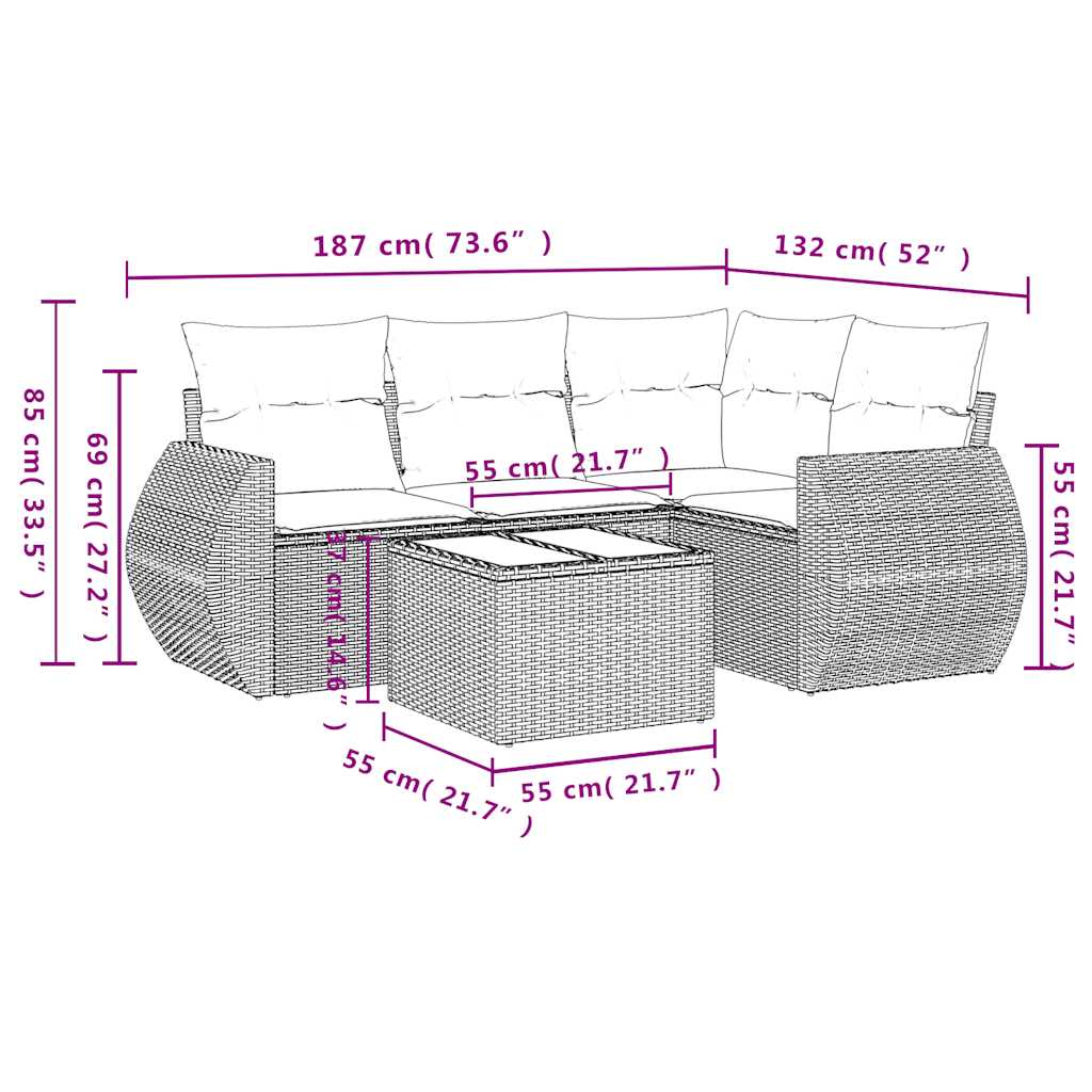 5 részes világosszürke polyrattan kerti ülőgarnitúra párnákkal