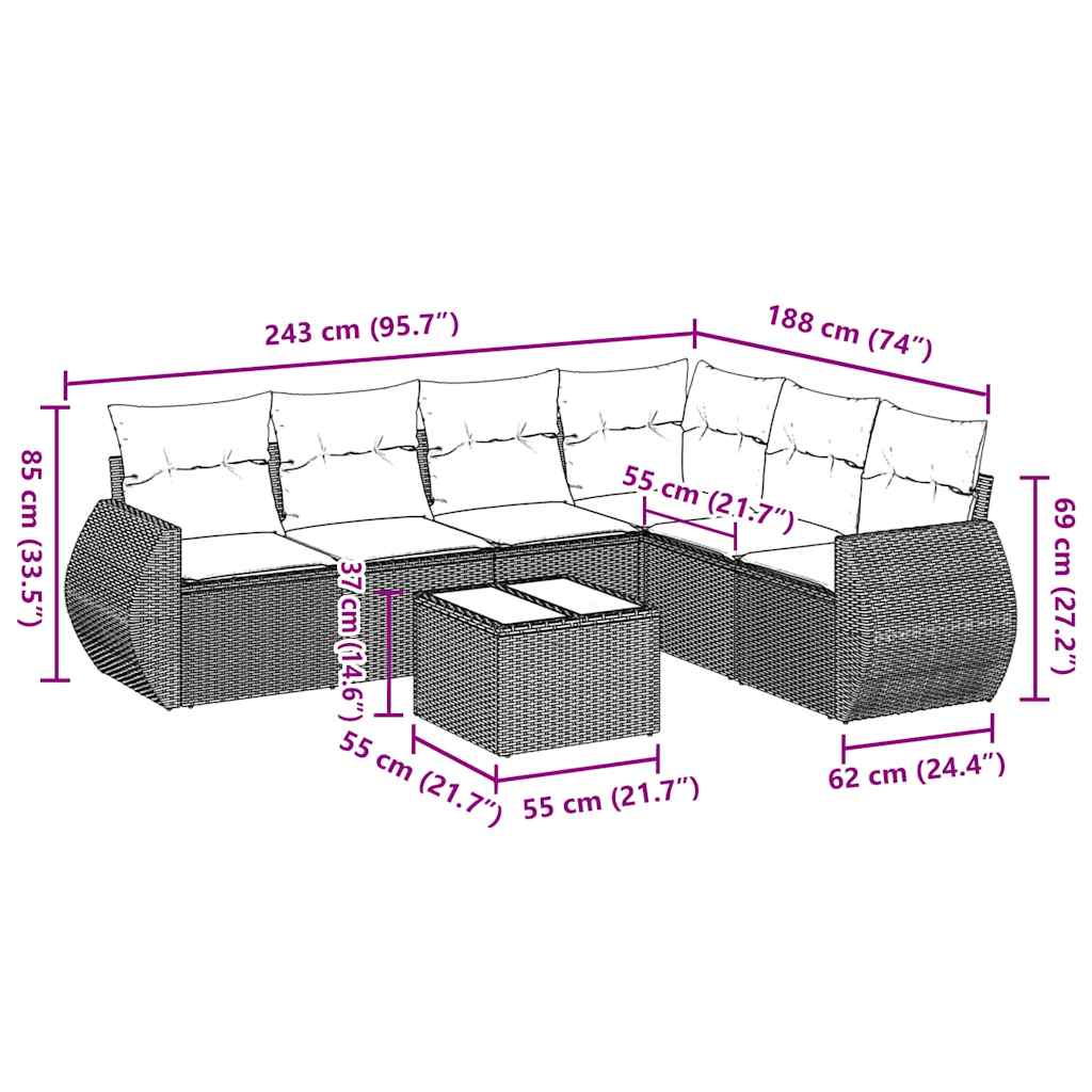 7 részes világosszürke polyrattan kerti ülőgarnitúra párnákkal