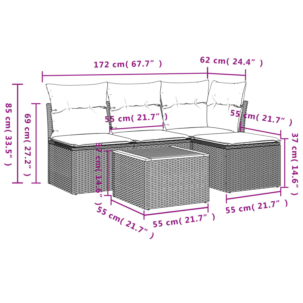 5 részes szürke polyrattan kerti ülőgarnitúra párnákkal