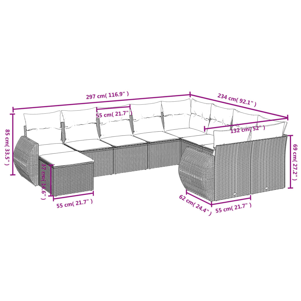 10 részes szürke polyrattan kerti ülőgarnitúra párnákkal