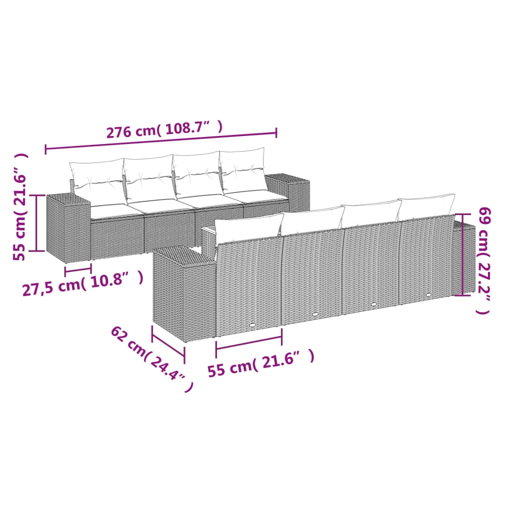 9 részes szürke polyrattan kerti ülőgarnitúra párnákkal