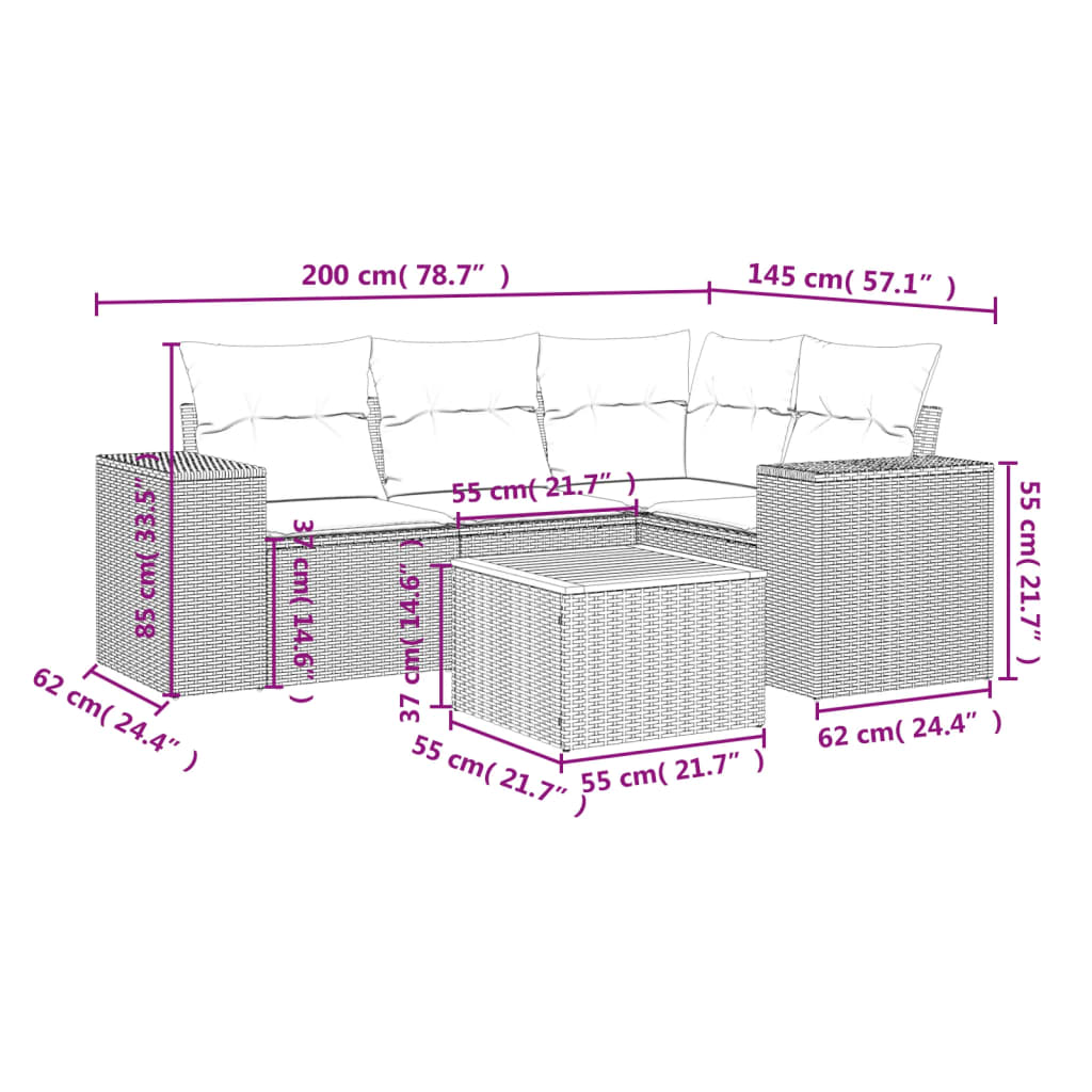 5 részes szürke polyrattan kerti ülőgarnitúra párnákkal