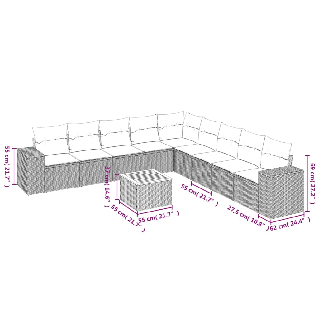 10 részes szürke polyrattan kerti ülőgarnitúra párnákkal