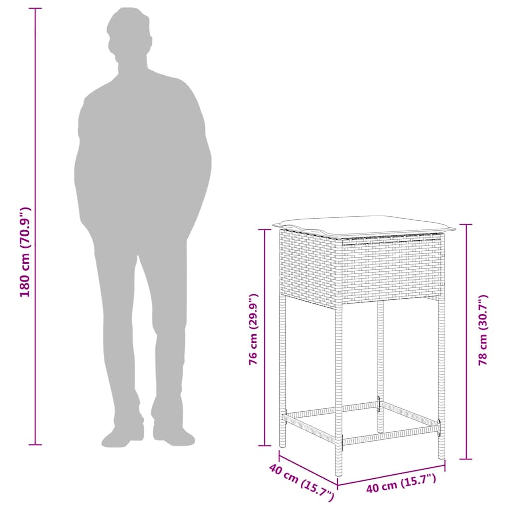 3 részes fekete polyrattan kerti bárszett párnával