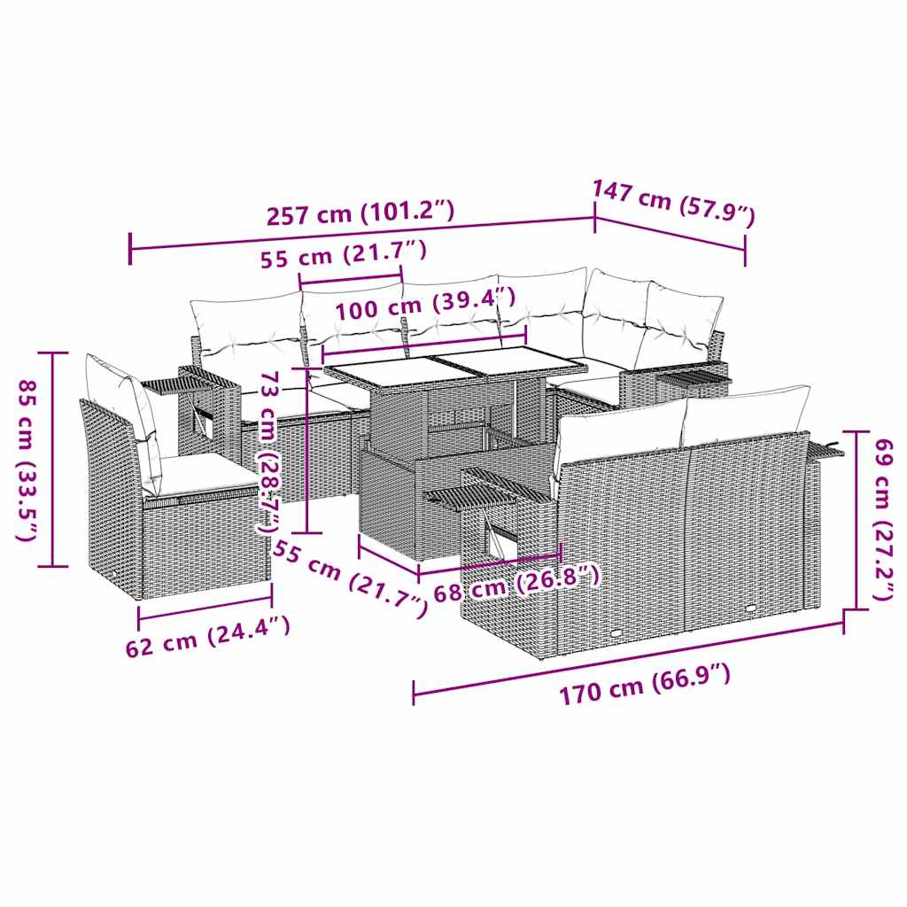 9 részes fekete polyrattan kerti ülőgarnitúra párnákkal
