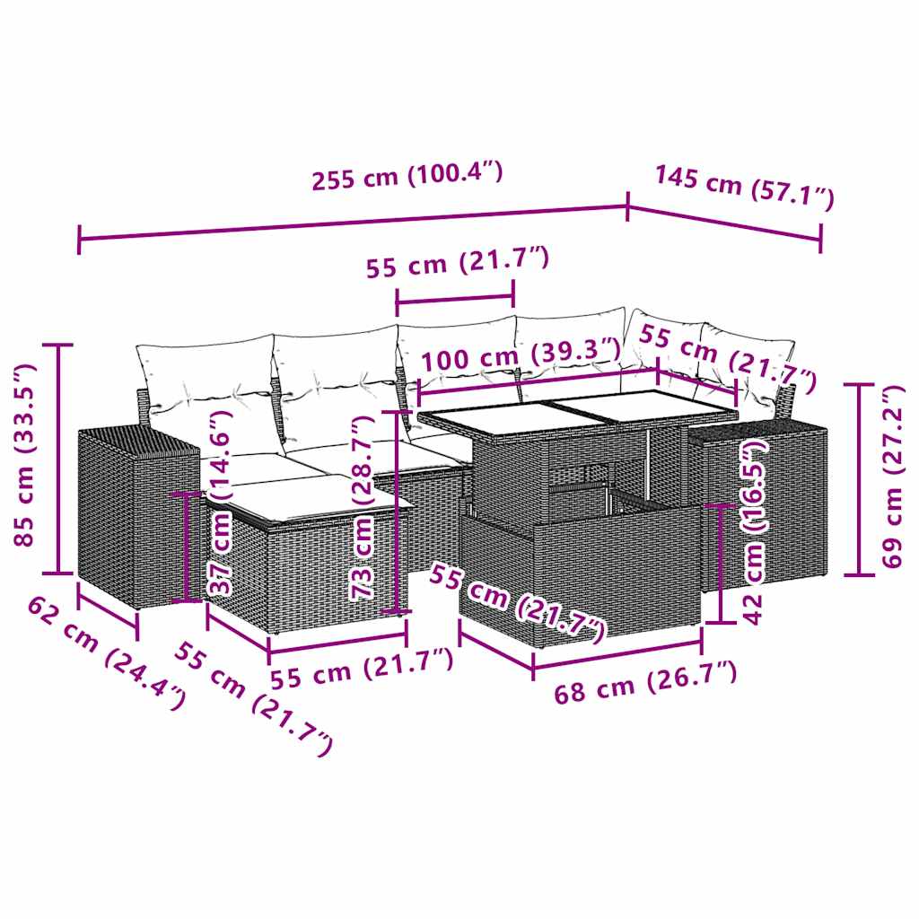 7 db szürke polyrattan kerti kanapégarnitúra párnákkal