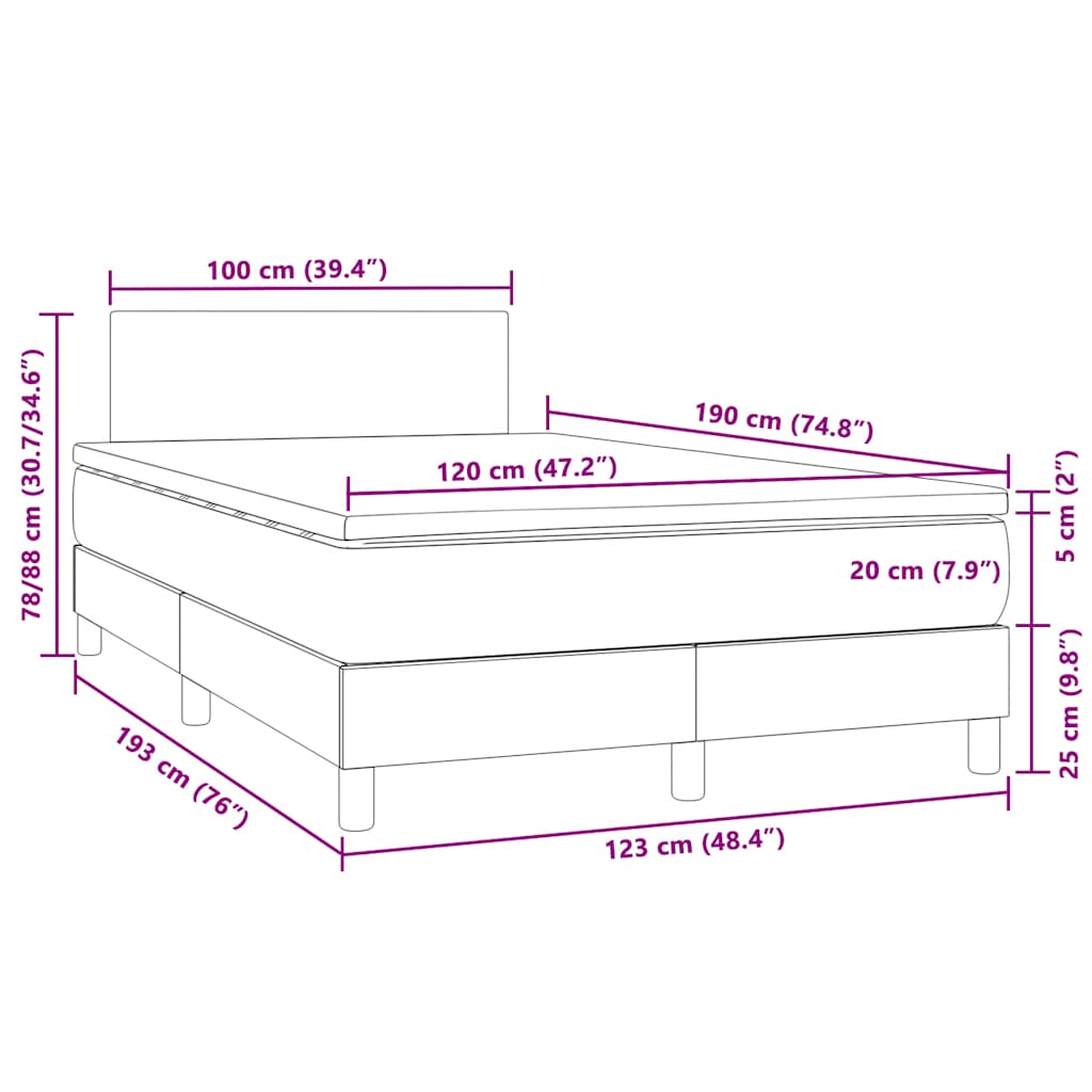 sötétszürke bársony rugós és LED-es ágy matraccal 120x190 cm