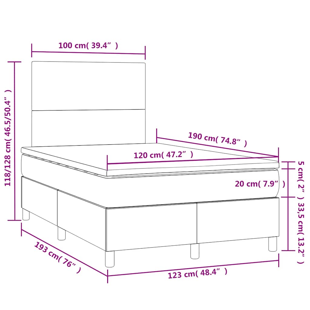 sötétszürke szövet rugós és LED-es ágy matraccal 120x190 cm