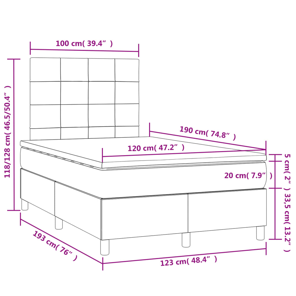 sötétszürke bársony rugós és LED-es ágy matraccal 120x190 cm