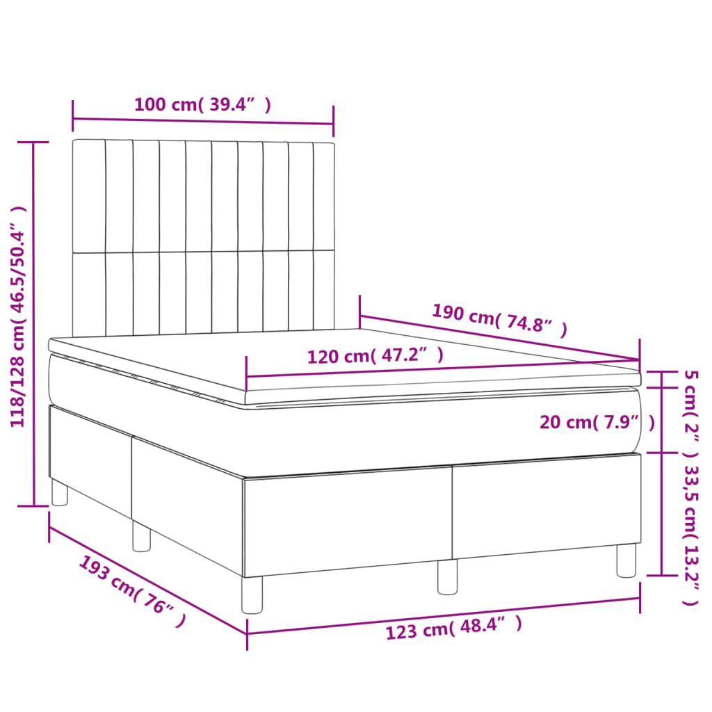 sötétszürke bársony rugós és LED-es ágy matraccal 120x190 cm