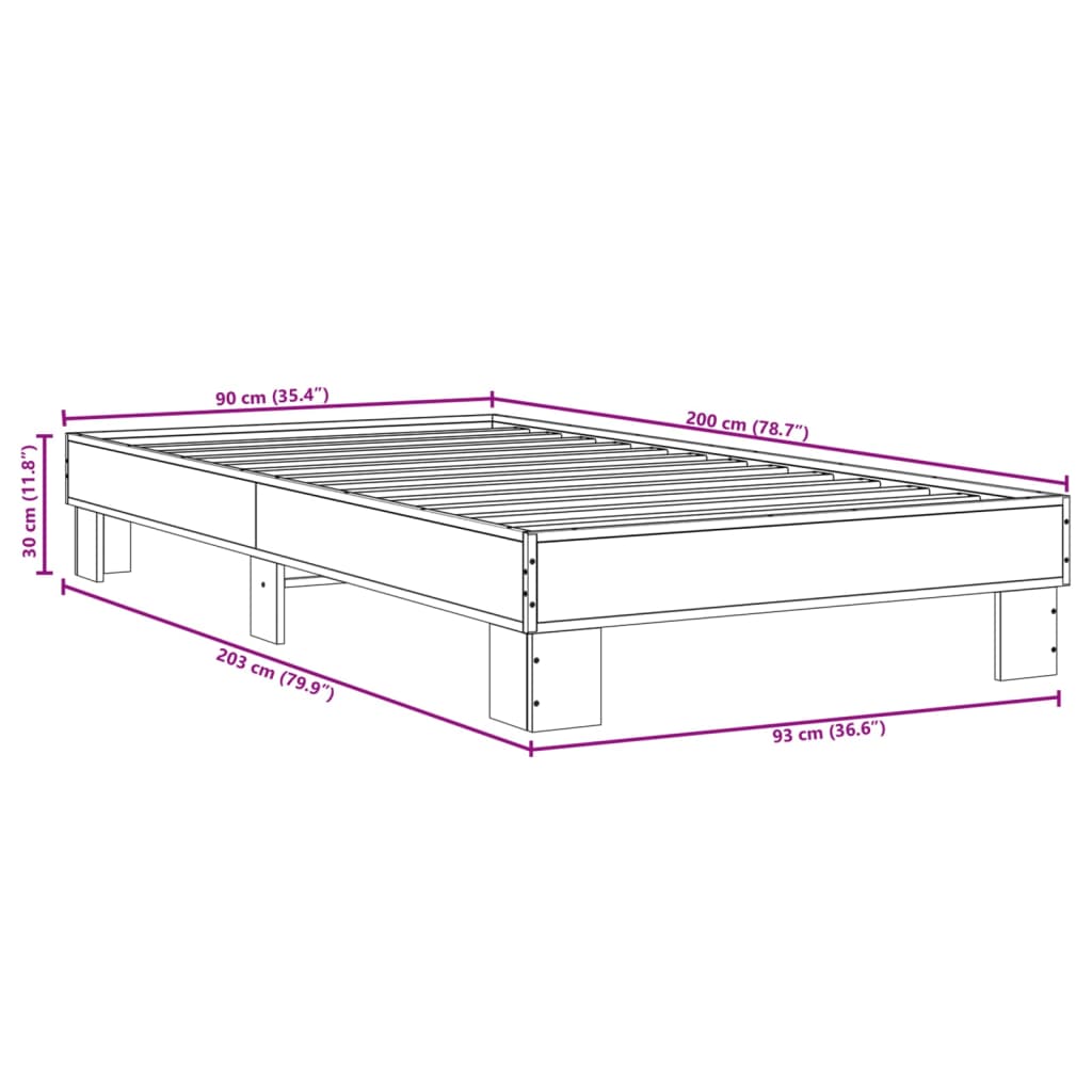 sonoma tölgyszínű szerelt fa és fém ágykeret 90 x 200 cm