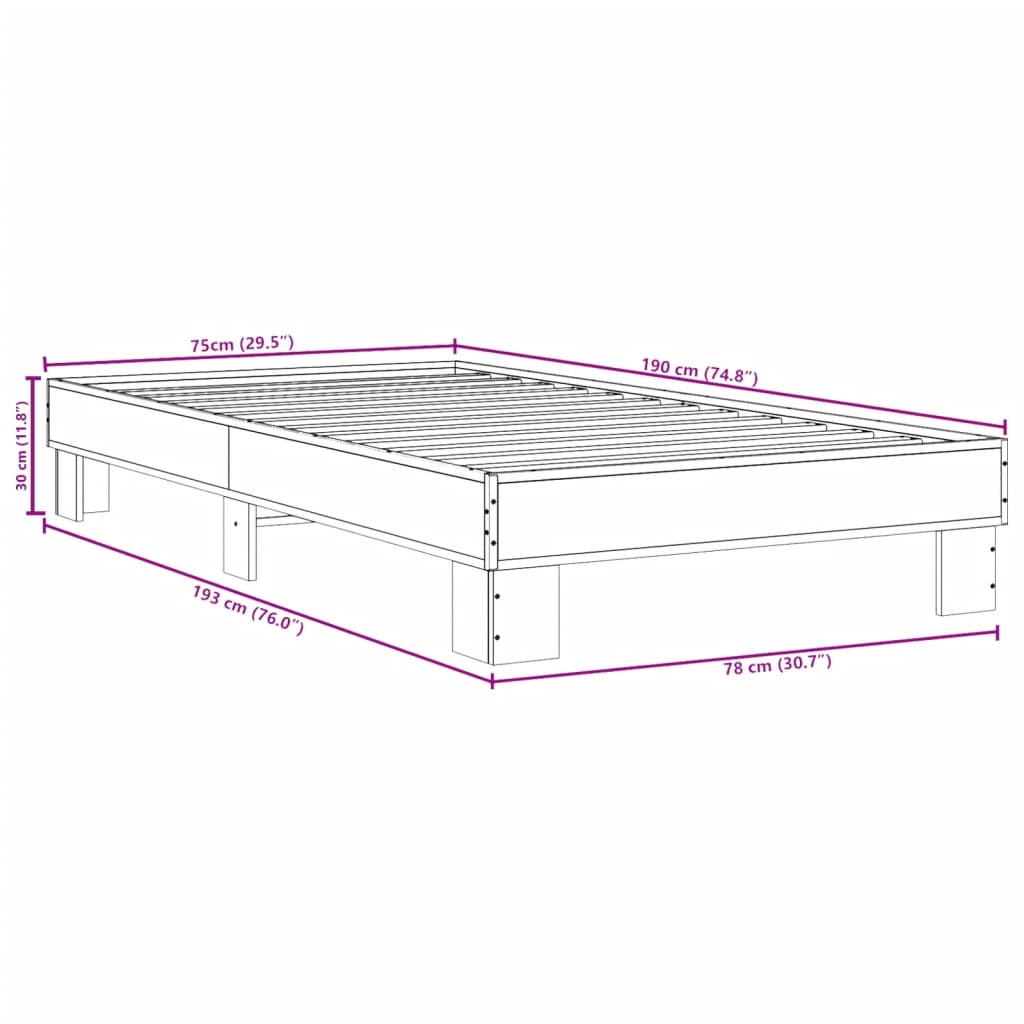 sonoma tölgyszínű szerelt fa és fém ágykeret 75 x 190 cm