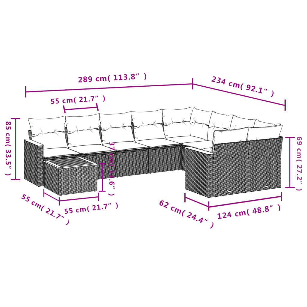 10 részes szürke polyrattan kerti ülőgarnitúra párnákkal