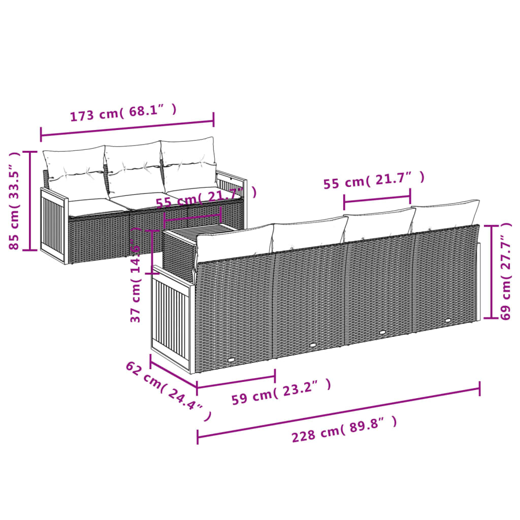 8 részes szürke polyrattan kerti ülőgarnitúra párnákkal