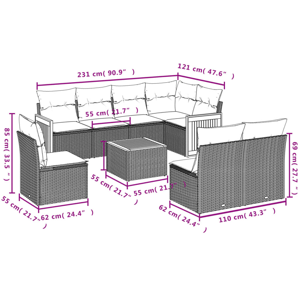 9 részes szürke polyrattan kerti ülőgarnitúra párnákkal