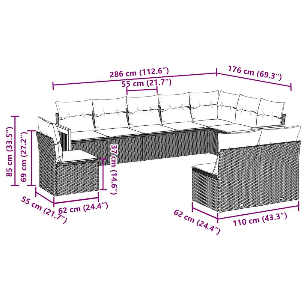 10 részes fekete polyrattan kerti ülőgarnitúra párnákkal