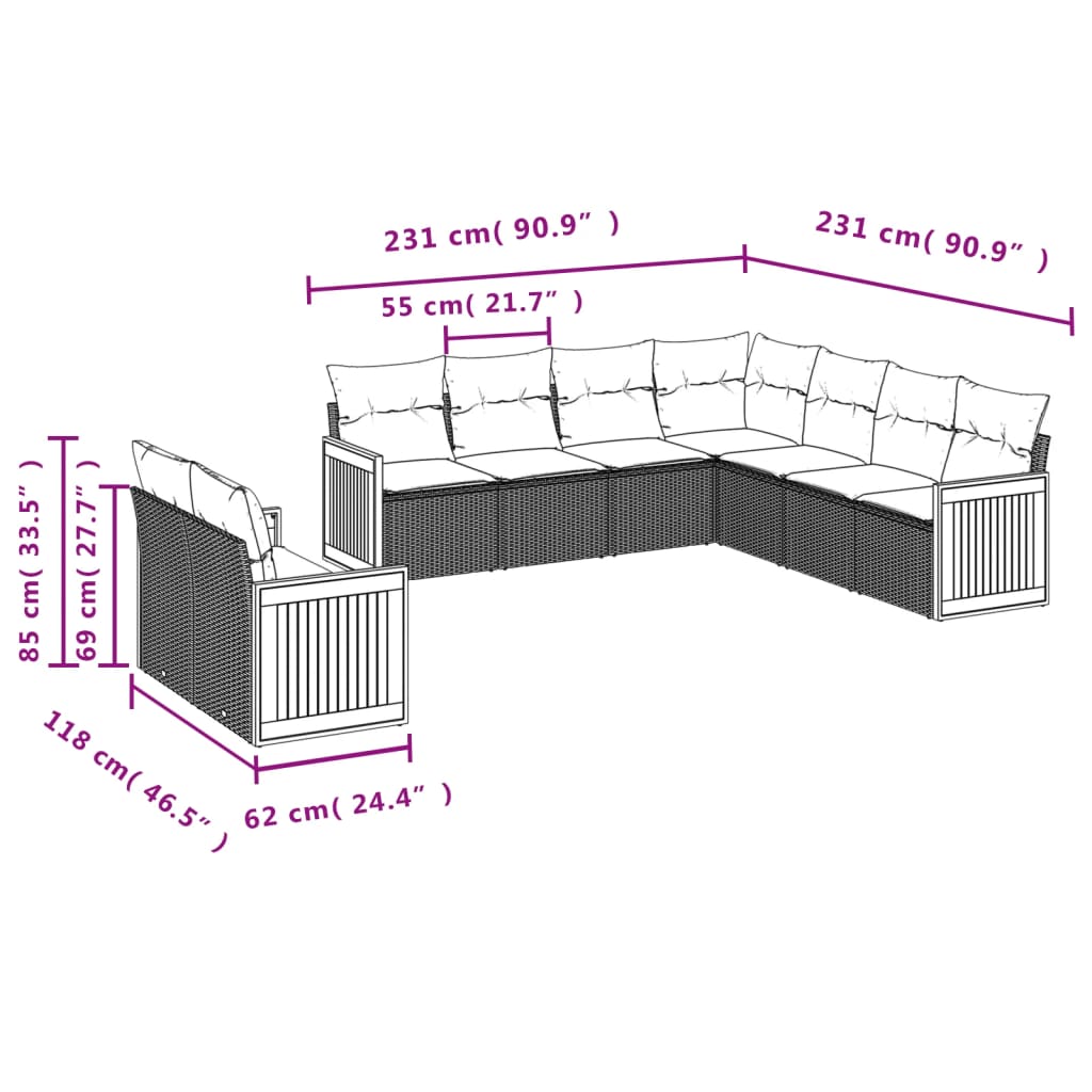 9 részes szürke polyrattan kerti ülőgarnitúra párnákkal