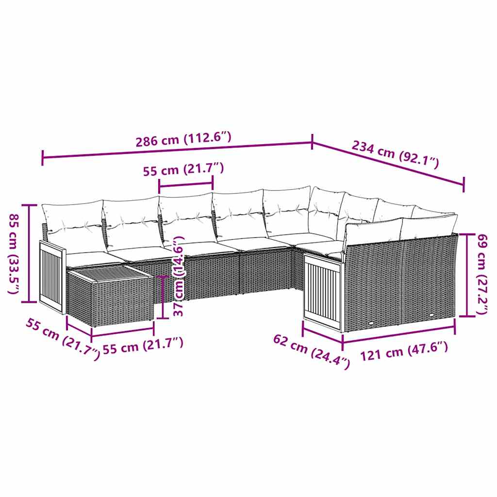 10 részes fekete polyrattan kerti ülőgarnitúra párnákkal
