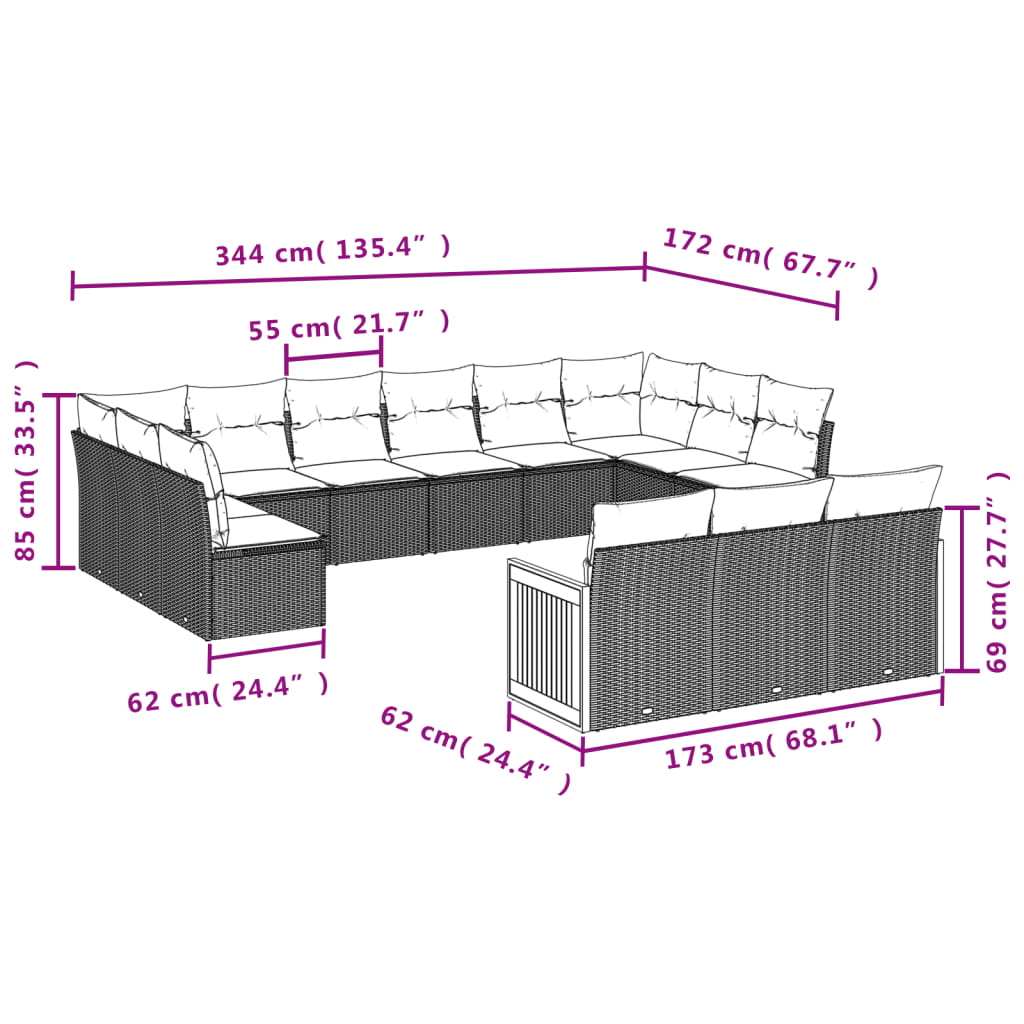 13 részes fekete polyrattan kerti ülőgarnitúra párnákkal
