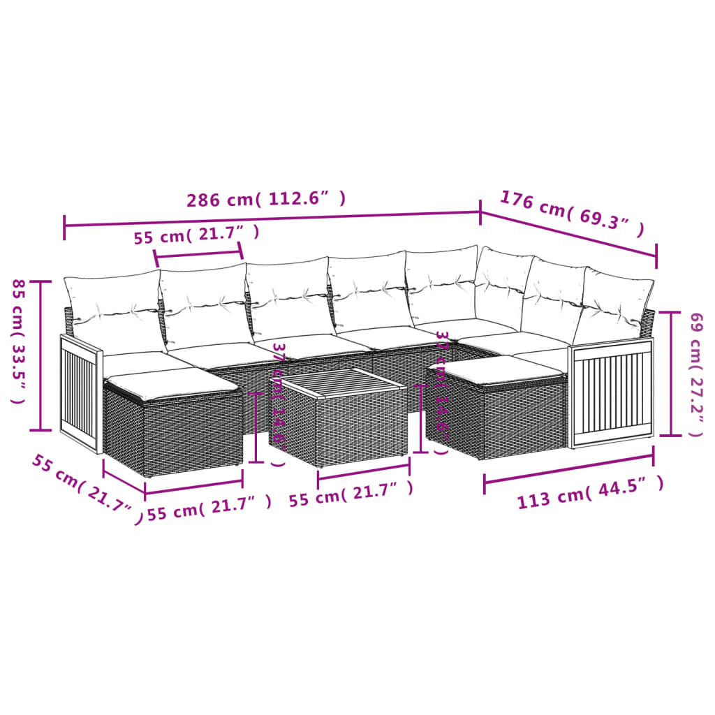 10 részes szürke polyrattan kerti ülőgarnitúra párnákkal